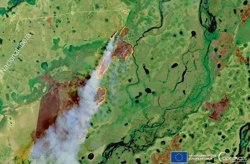 Imagen satelital captada por Sentinel 2 muestra el impacto de los incendios en la provincia Corrientes a inicios de mes. / The European Union Earth Observation Programme - @CopernicusUE.