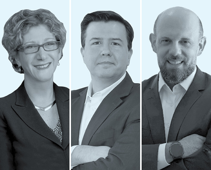 Claudia Salomon, presidenta de la Corte Internacional de Arbitraje de la CCI; André Blotta Laza, de Machado Associados (centro) y Rodrigo Junqueira, de Lefosse Advogados.