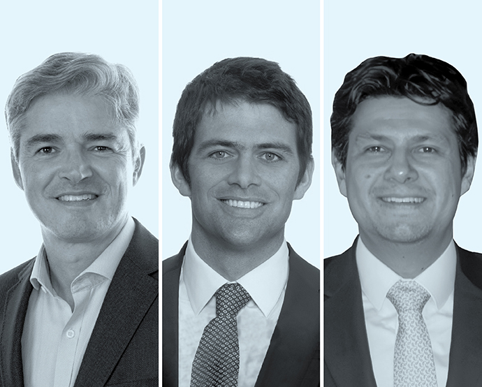 Marcelo Leonardo Cristiano, de Marcelo Cristiano Advogados (izquierda); Nicolás Vial, de Carey & Allende - Chile (centro), y Jairo Higuita, de Andersen en Colombia.