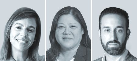 Amory Heine, de Cuatrecasas - Chile (izquierda); Angie Umezawa, de Payet, Rey, Cauvi, Pérez Abogados, y  Francisco Carbajal Domínguez, de Santamarina y Steta.